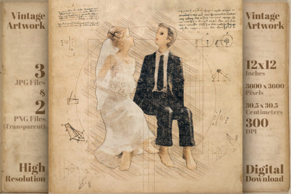 Wedding Bride And Groom Retro Drawing: A Da Vinci-Inspired Design Asset